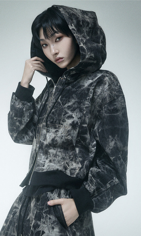 Reculer Pipe dyed denim crop hoodie zip-up(ブラック) 商品画像2/6