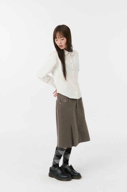 [9/30予約配送] FLORAL LINE PLEATED MIDI SKIRT, KHAKI