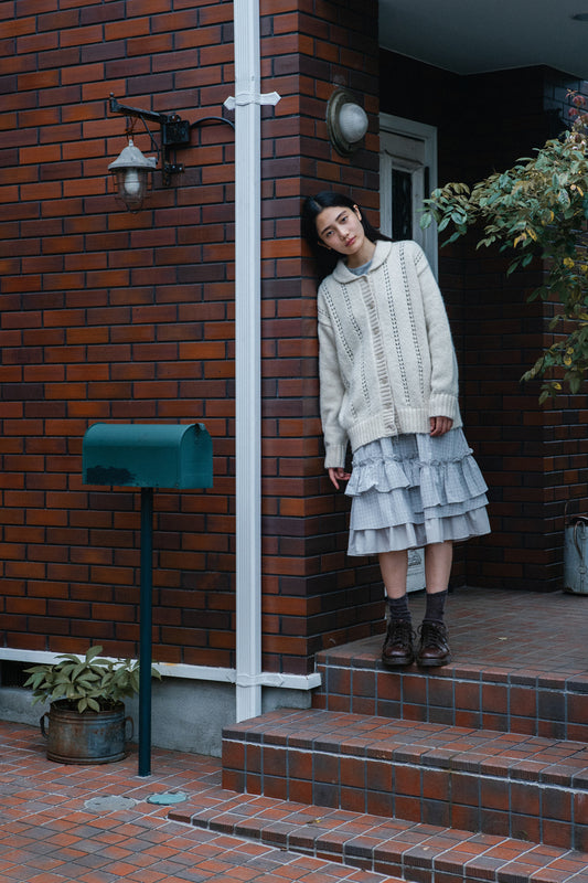 CHECK FRILL MIDI SKIRT, LIGHT BEIGE