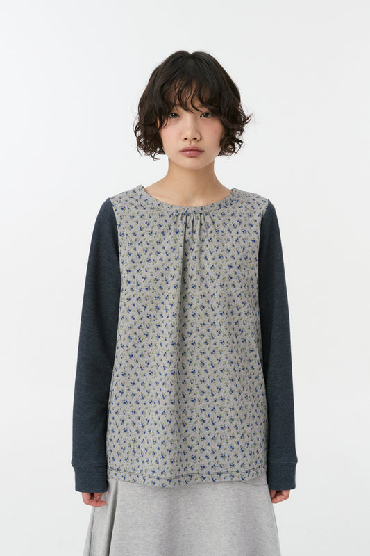 FLORAL WOVEN PANEL LONG SLEEVE, NAVY
