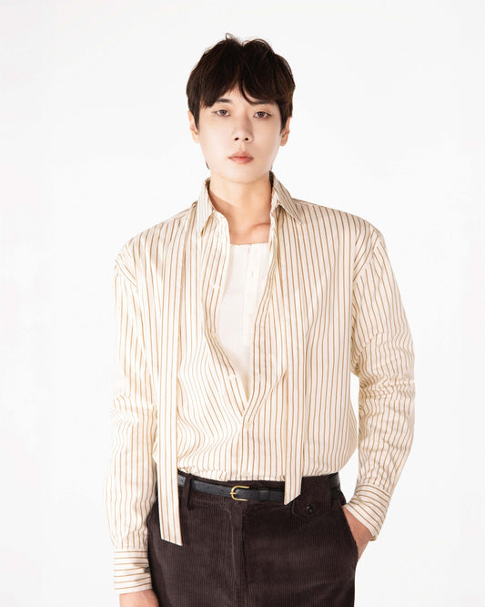 [REVURA] BRILLER PIN STRIPE SHIRTS - BROWN