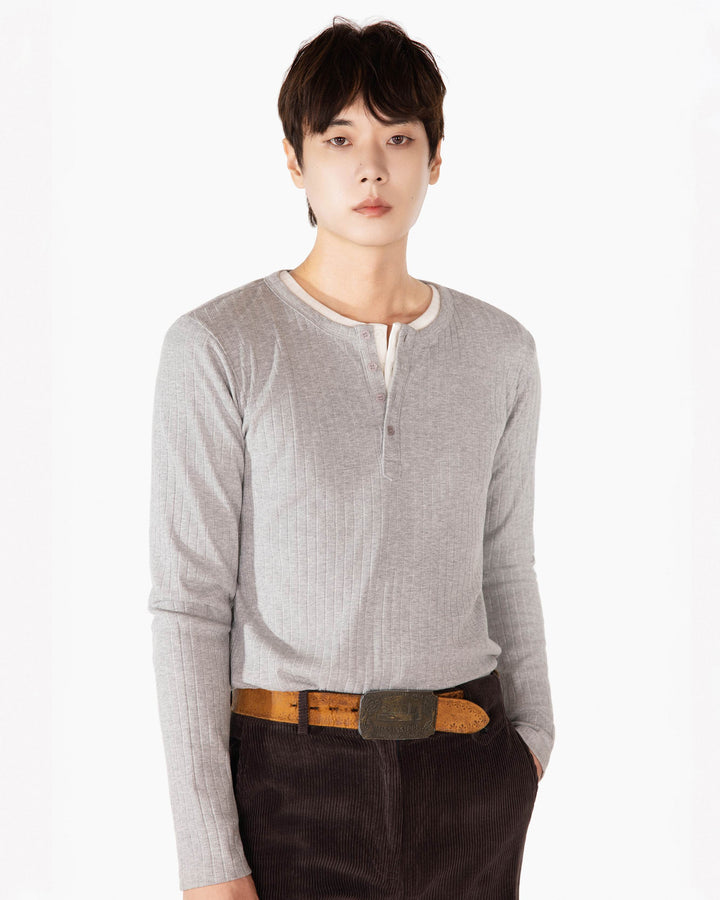 【REVURA レビュ―ラ】RÊVE COTTON MODAL RIBBED HENLEY SHIRTS - GRAY
