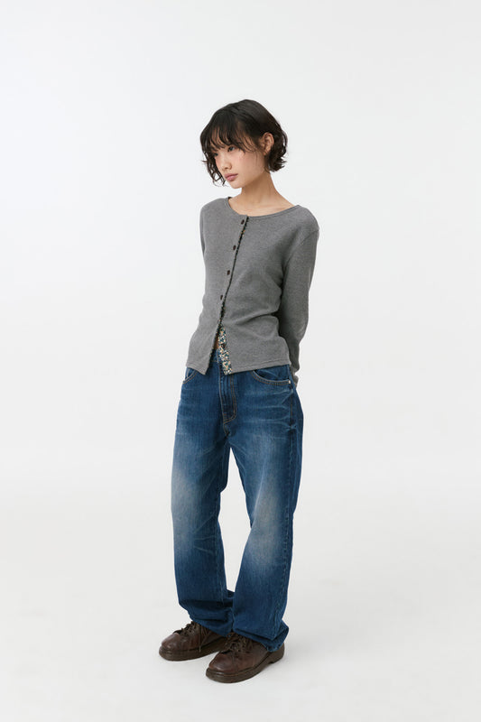 FLORAL COLOR BLOCK JERSEY CARDIGAN, GRAY