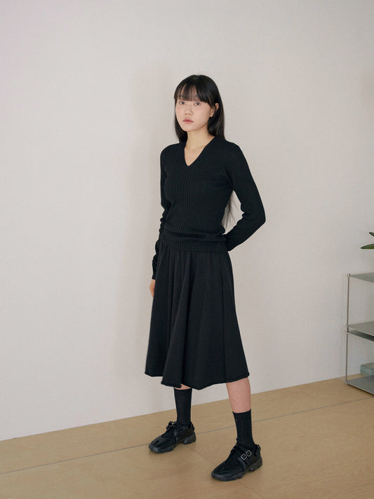 Double V-neck Rib Pullover - Black 2