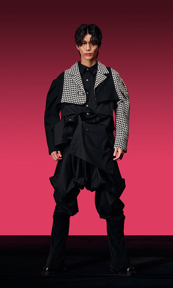 【Reculer レキュリー2023FW】Three tuck sleeve check color combination cropped jacket black