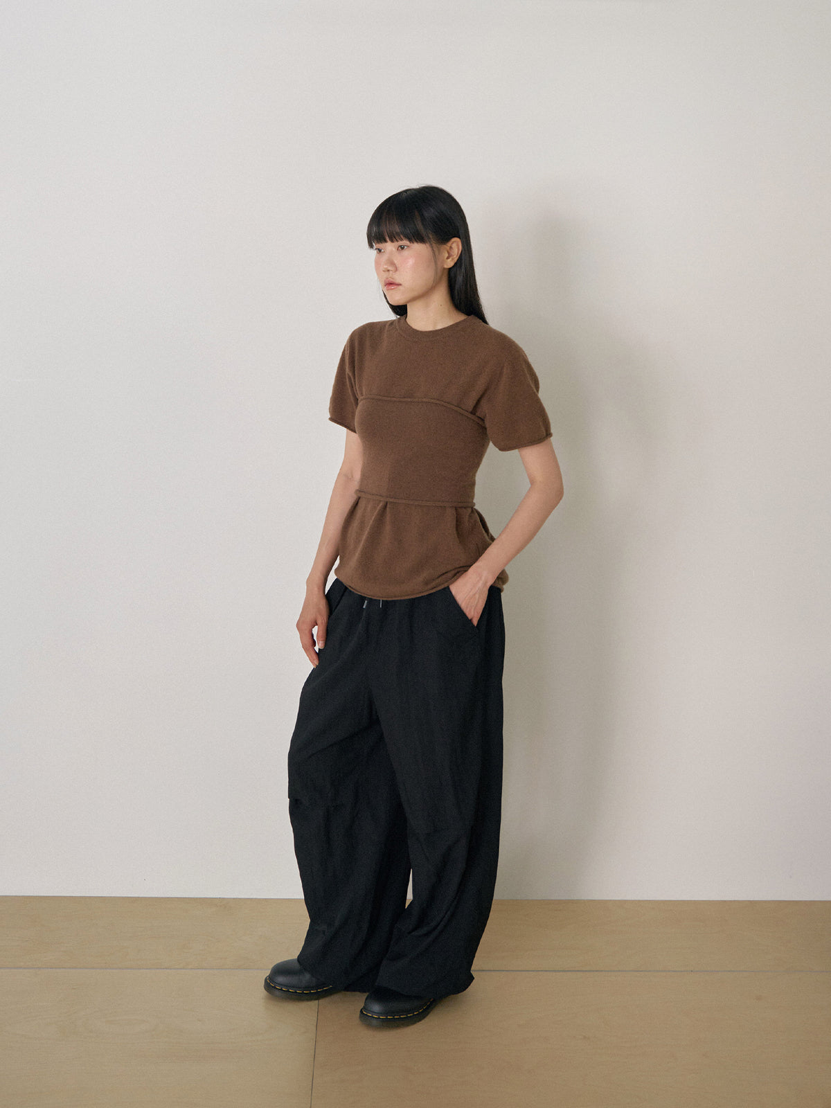 Cutoff Short Sleeve Pullover - Brown 2