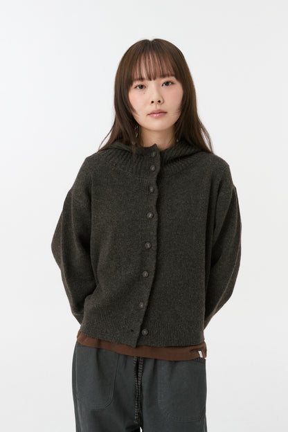 CROPPED HOODED HIGH NECK CARDIGAN, BROWN