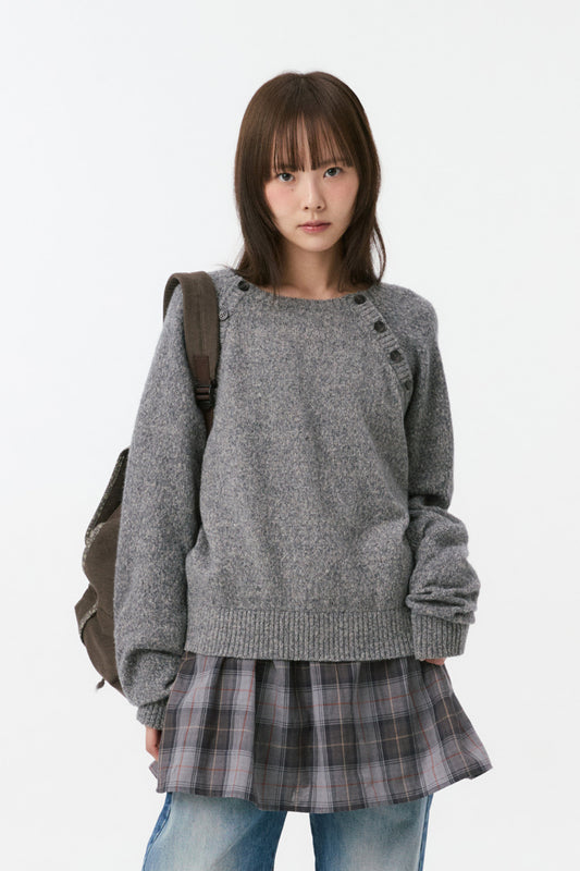 BUTTON DETAIL RAGLAN KNIT, GRAY