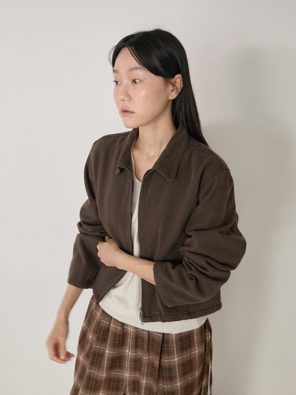 Cotton Twill Crop Jacket - Brown 4