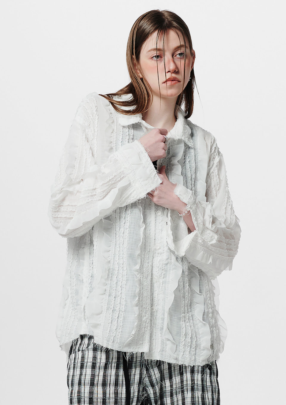 Raw Edge Detail Ruffle Shirt _ White