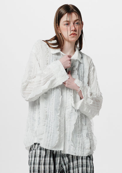 Raw Edge Detail Ruffle Shirt _ White