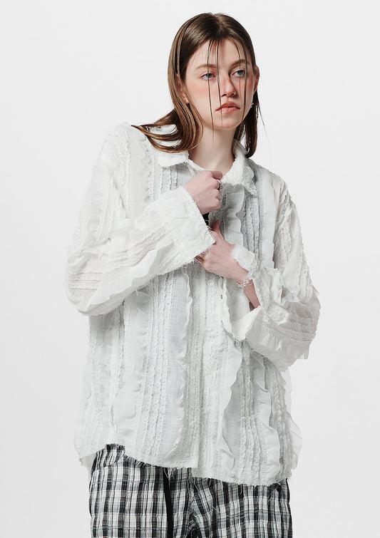 Raw Edge Detail Ruffle Shirt _ White