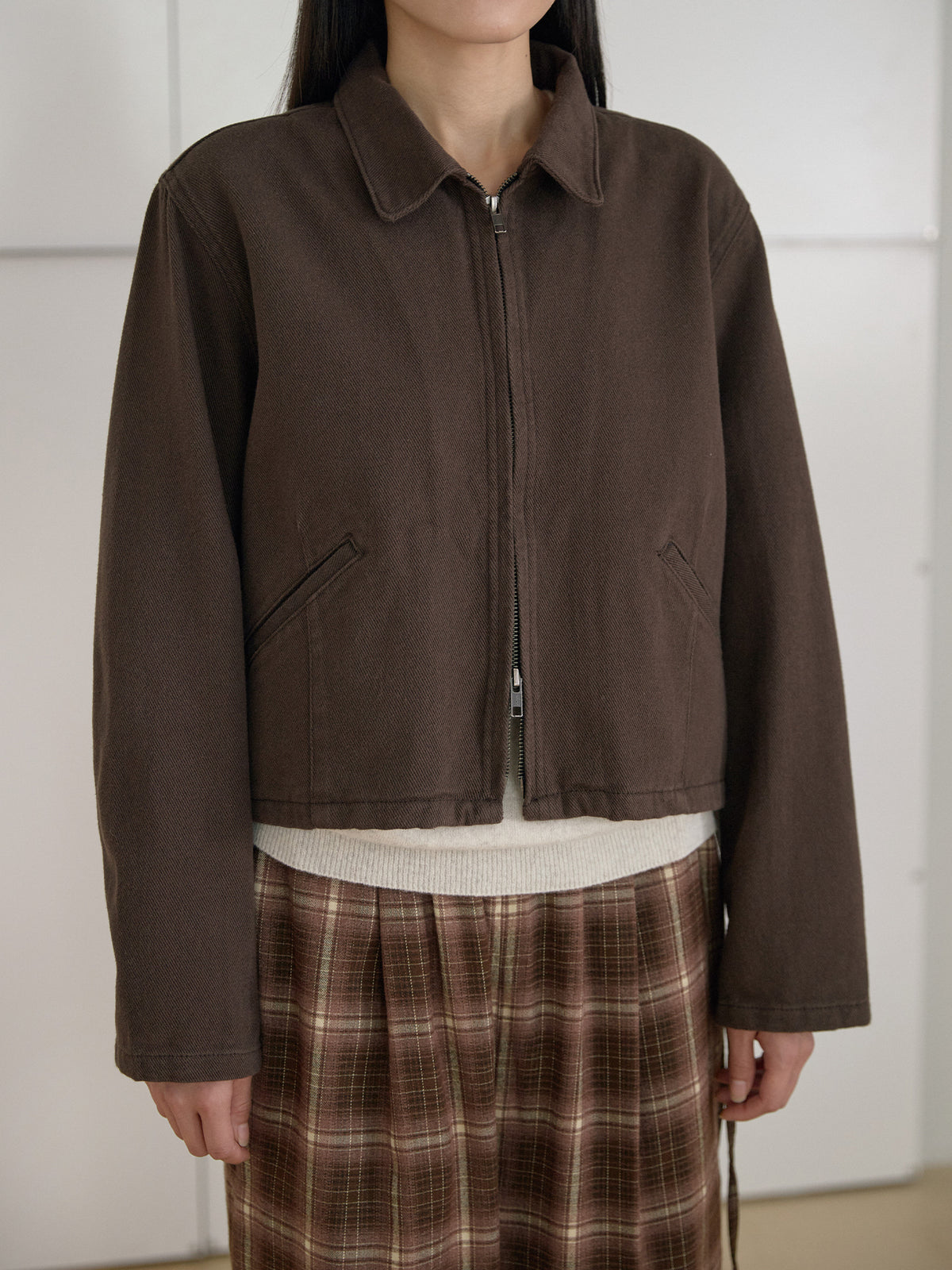 Cotton Twill Crop Jacket - Brown 8
