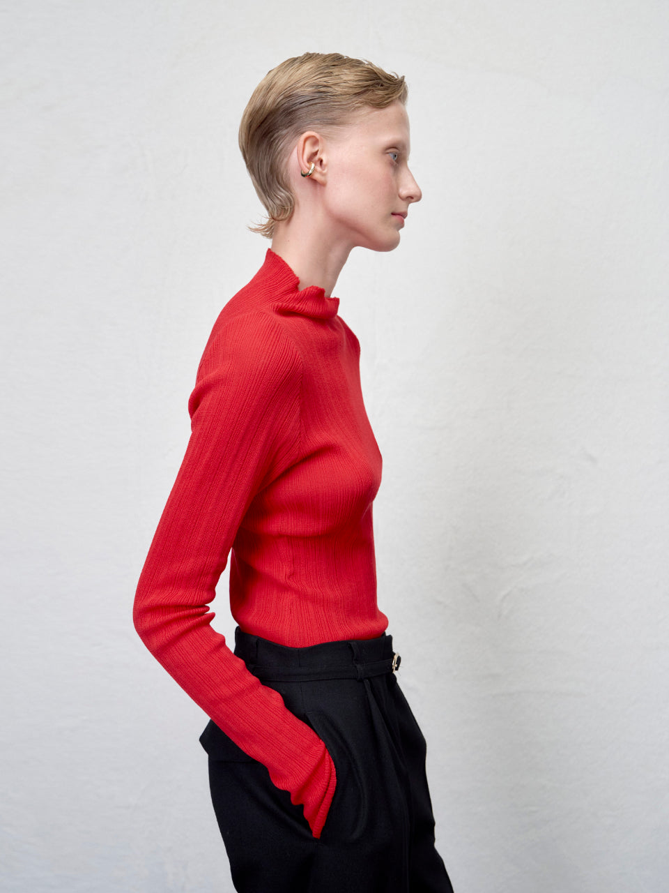 【ARIK. アリク AW】MINCHIR lettuce edge high neck knit top Red