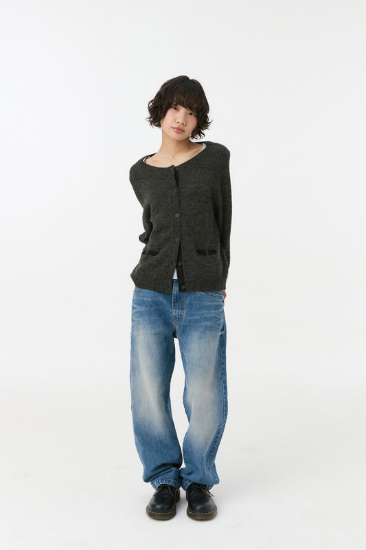 COLOR BLOCK POCKET KNIT CARDIGAN, CHARCOAL