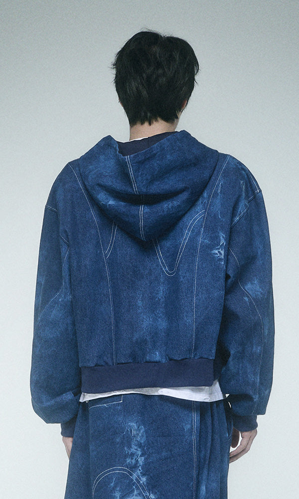 Reculer Pipe dyed denim crop hoodie zip-up(ブルー) 商品画像1/5