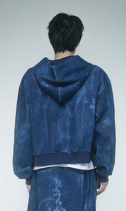 Reculer Pipe dyed denim crop hoodie zip-up(ブルー) 商品画像1/5