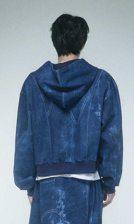 Reculer Pipe dyed denim crop hoodie zip-up(ブルー) 商品画像1/5