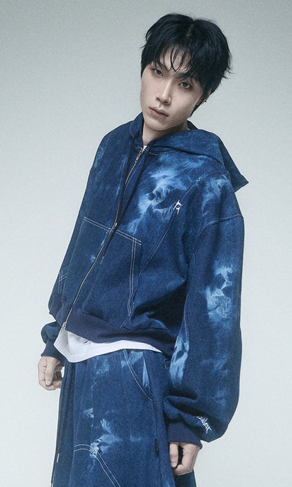 Reculer Pipe dyed denim crop hoodie zip-up(ブルー) 商品画像2/5