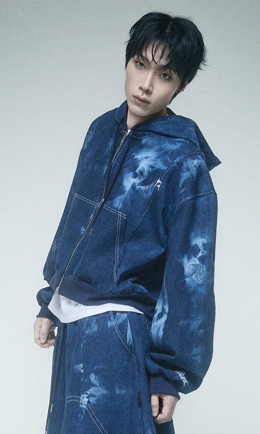 Reculer Pipe dyed denim crop hoodie zip-up(ブルー) 商品画像2/5