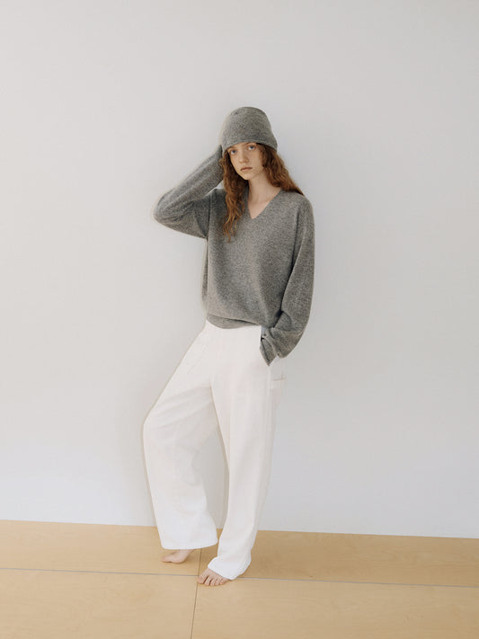 Cashmere Blend V-neck Pullover - Gray 4