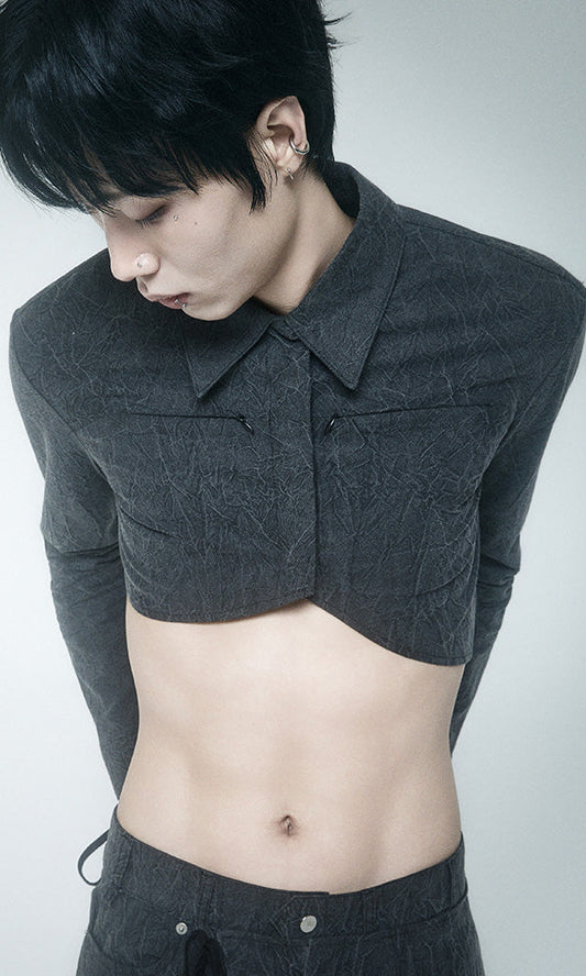 【Reculer レキュリー】Wrinkle R-crop shirts Charcoal
