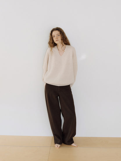 Wool V-neck Raglan Pullover - Oatmeal 3