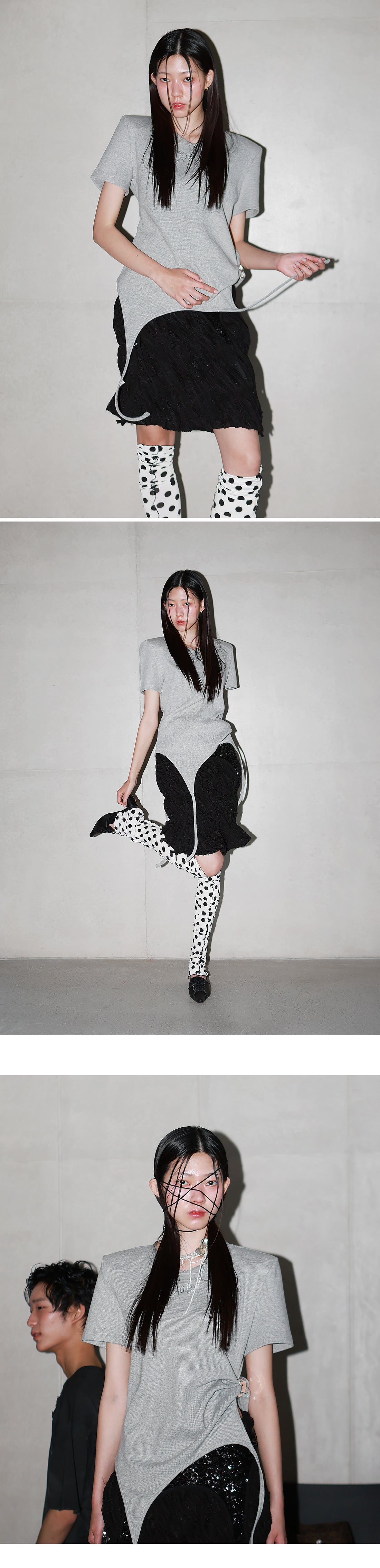 Shoulder-padded waffle T-shirt _ Gray