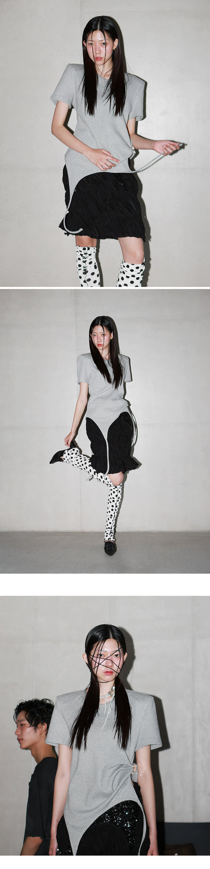 Shoulder-padded waffle T-shirt _ Gray