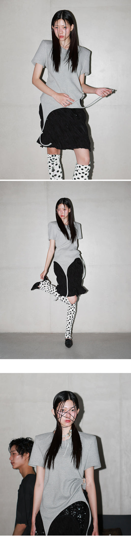 Shoulder-padded waffle T-shirt _ Gray