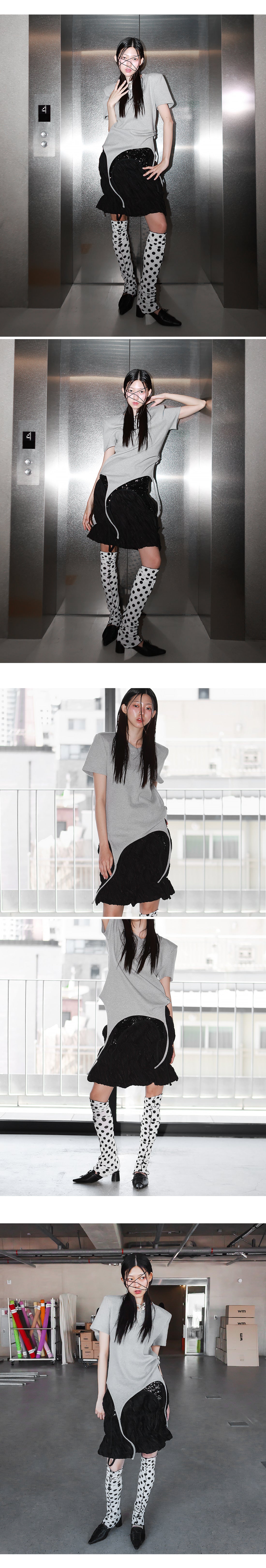 Shoulder-padded waffle T-shirt _ Gray