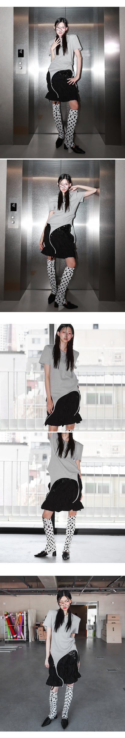 Shoulder-padded waffle T-shirt _ Gray