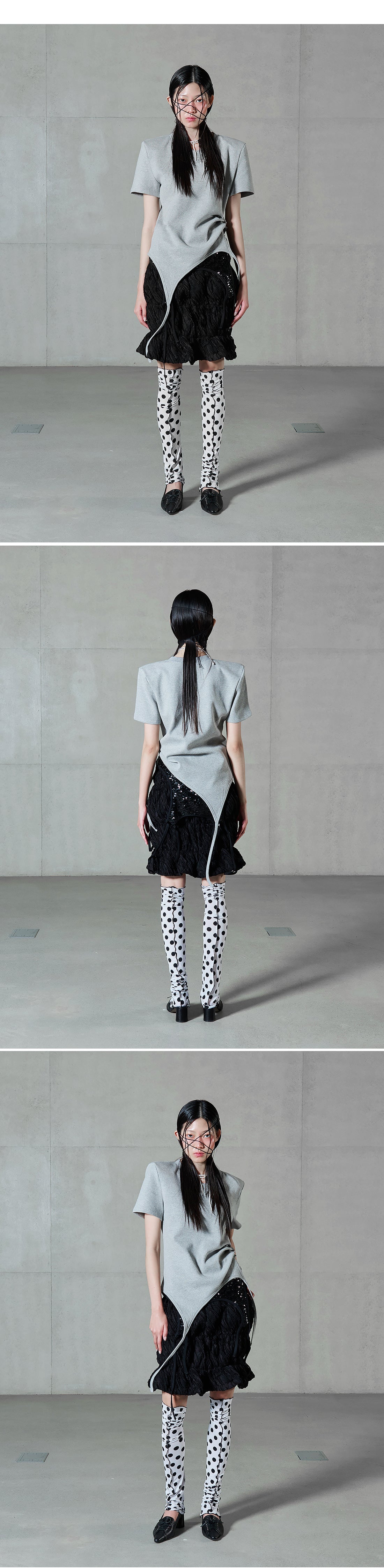 Shoulder-padded waffle T-shirt _ Gray