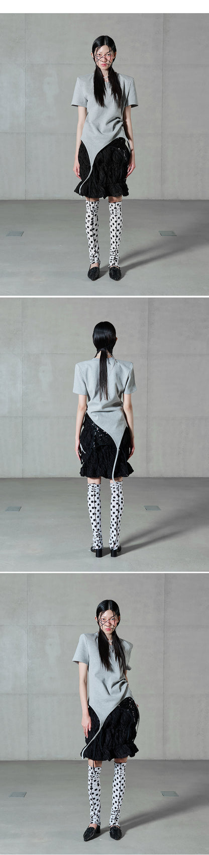 Shoulder-padded waffle T-shirt _ Gray