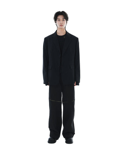 Leather Reveal Sleeve Wool Blazer_Black