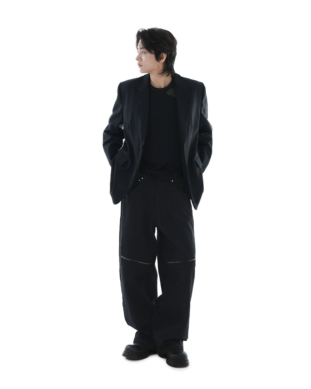 Leather Reveal Sleeve Wool Blazer_Black
