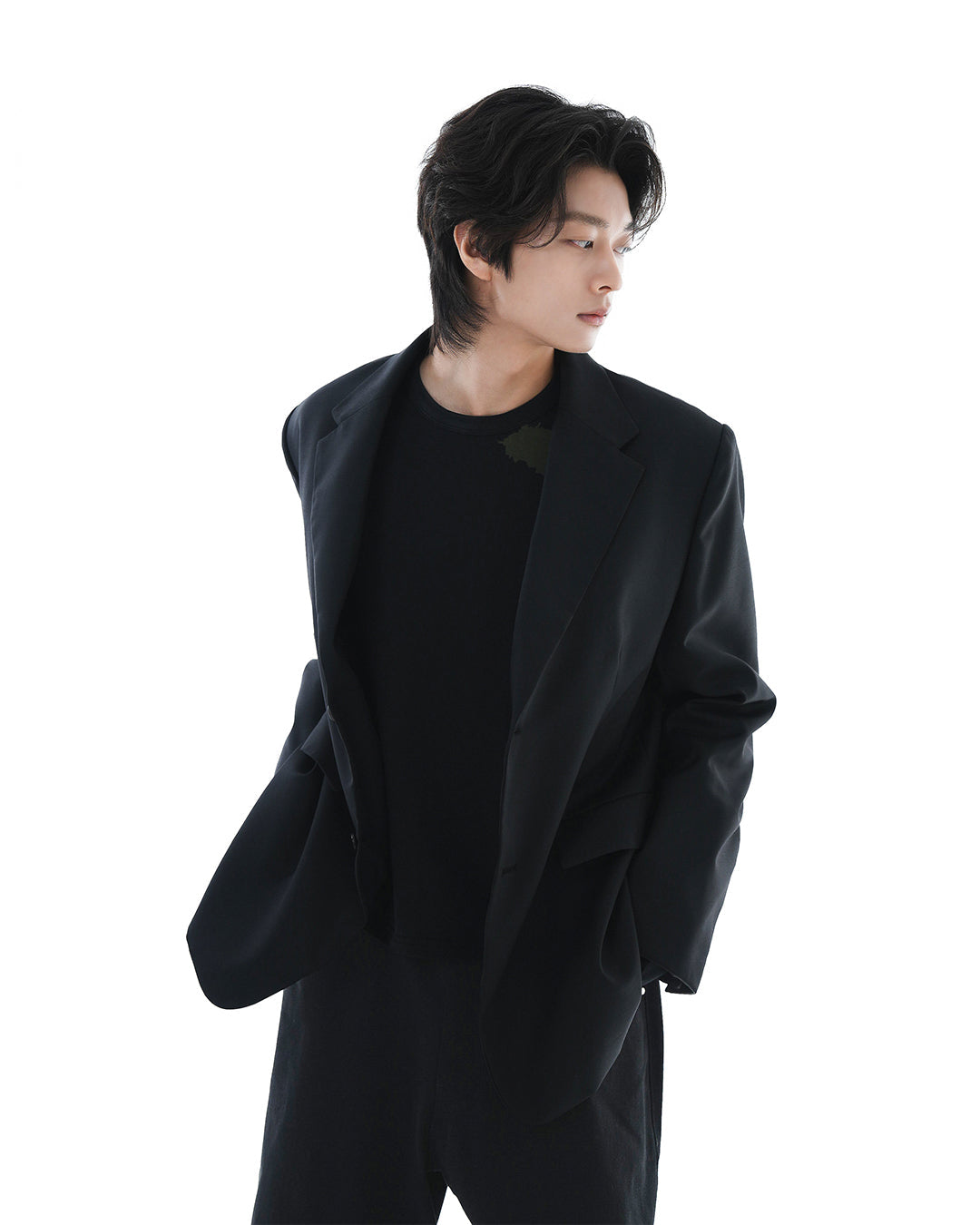 Leather Reveal Sleeve Wool Blazer_Black