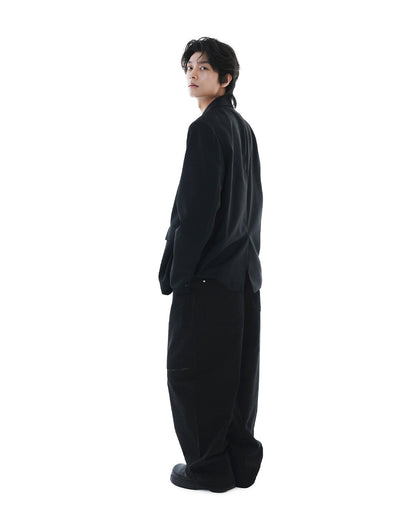 Leather Reveal Sleeve Wool Blazer_Black
