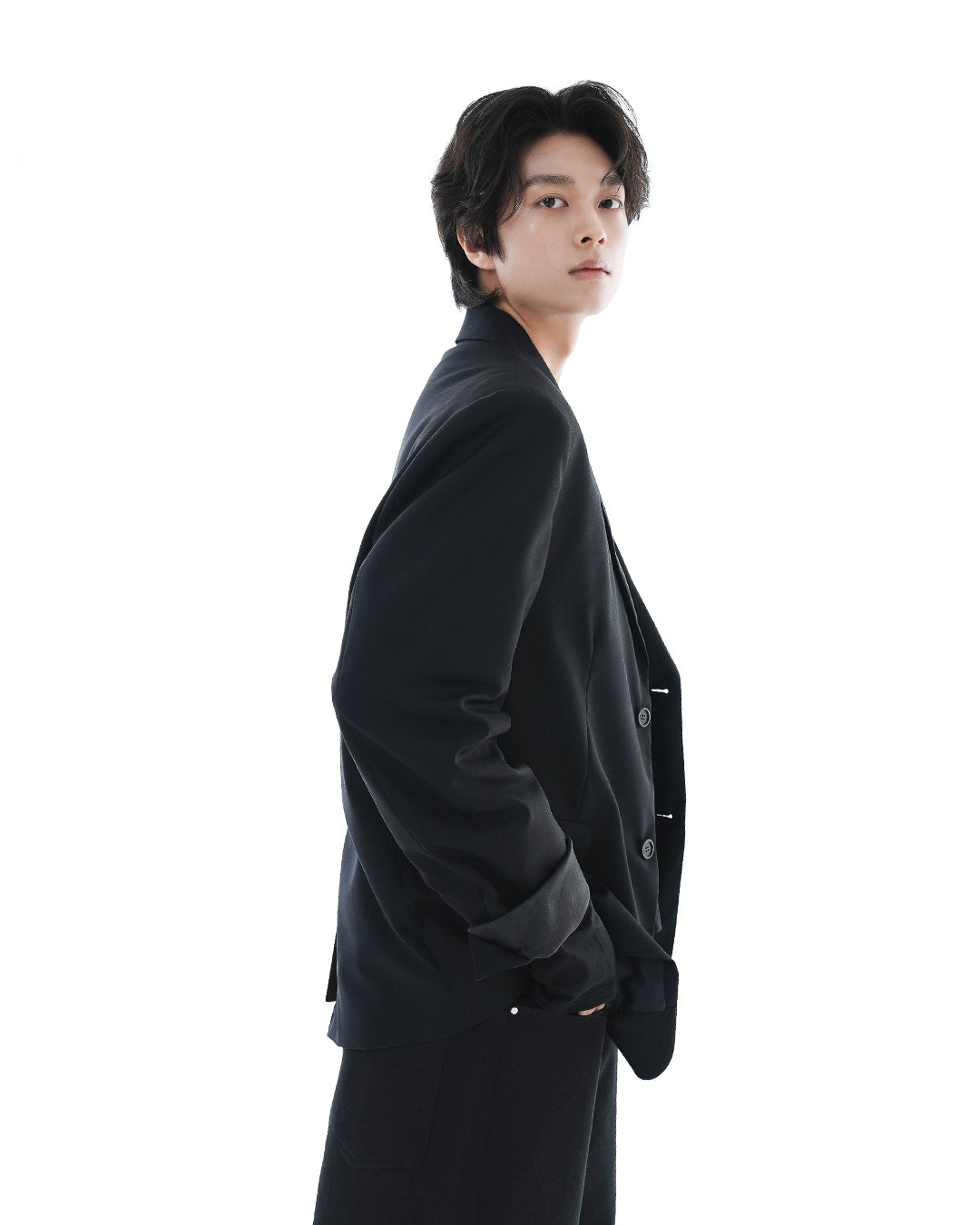 Leather Reveal Sleeve Wool Blazer_Black