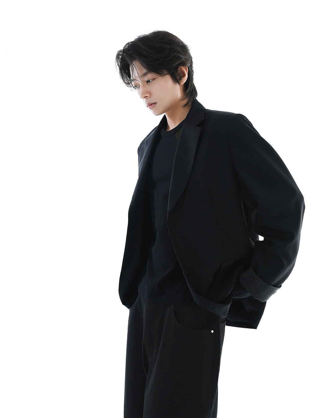 Leather Reveal Sleeve Wool Blazer_Black