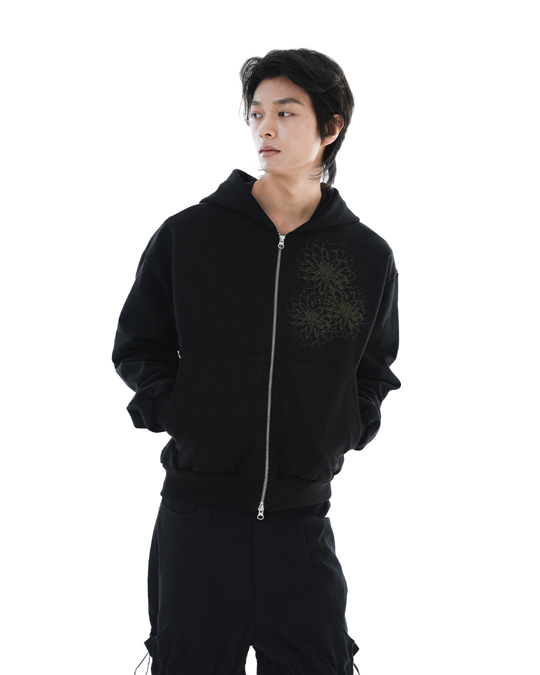 Trinity Flower Crop Hoodie Zip-up_Black 