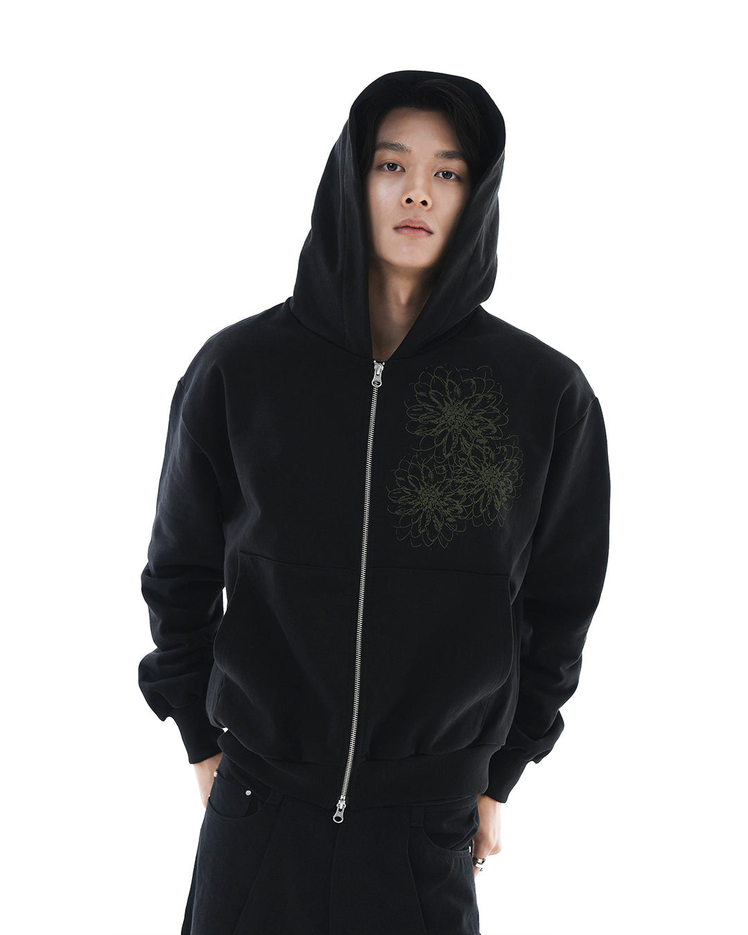 Trinity Flower Crop Hoodie Zip-up_Black 