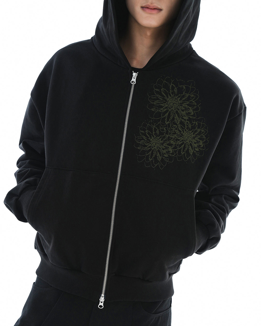 Trinity Flower Crop Hoodie Zip-up_Black 