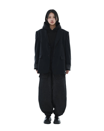 Leather Reveal Sleeve Wool Blazer_Black