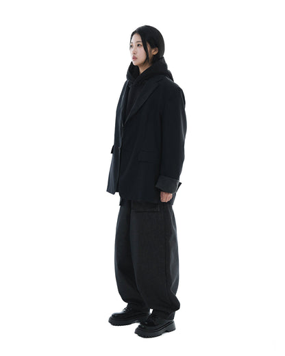 Leather Reveal Sleeve Wool Blazer_Black