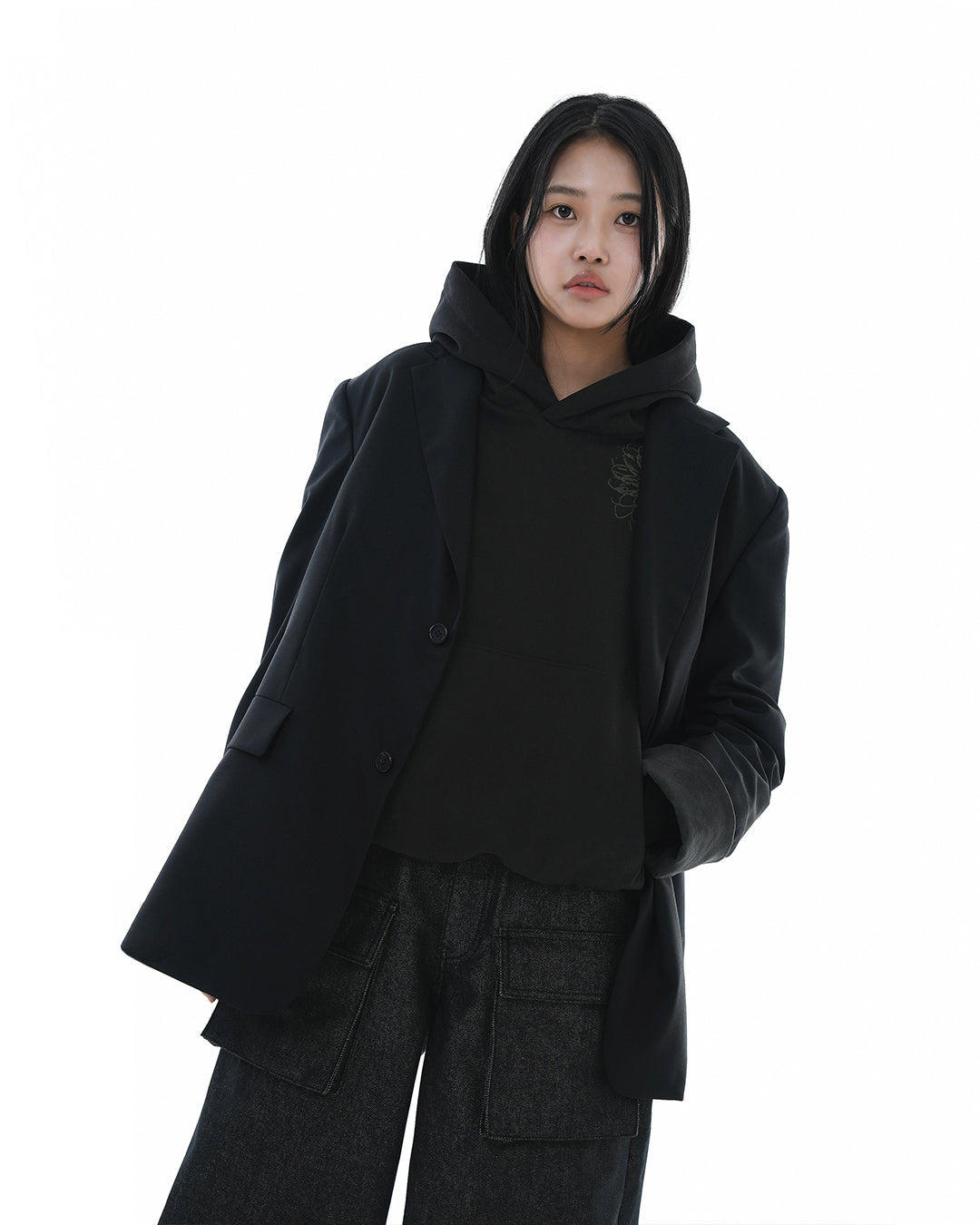 Leather Reveal Sleeve Wool Blazer_Black