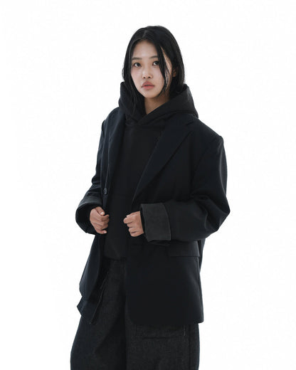 Leather Reveal Sleeve Wool Blazer_Black