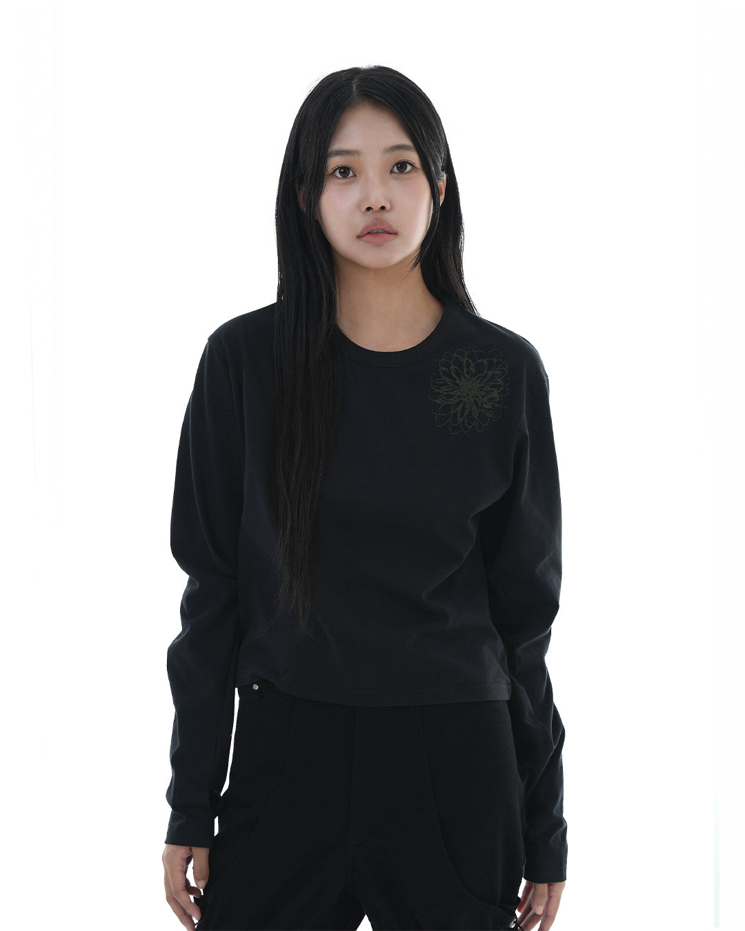 Distorted Flower Crop Long Sleeve_Black 