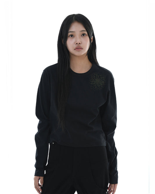 Distorted Flower Crop Long Sleeve_Black