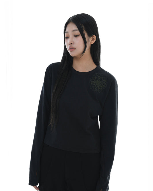 Distorted Flower Crop Long Sleeve_Black